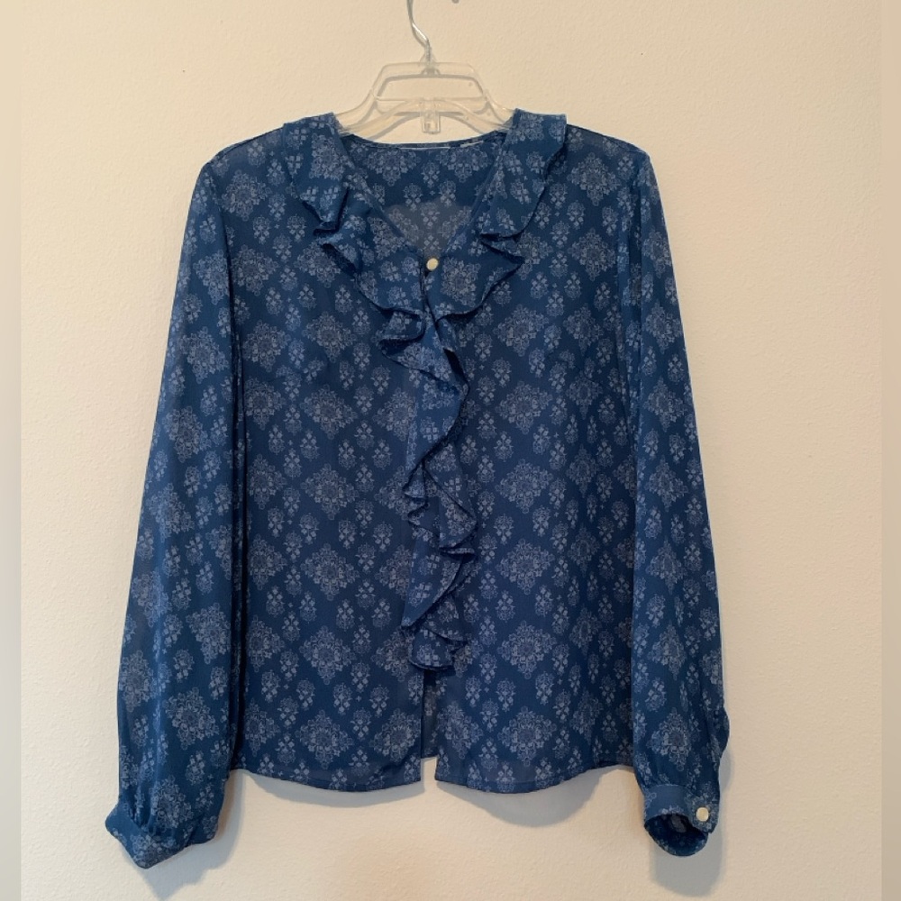 Ruffled Blue Blouse with Floral Pattern